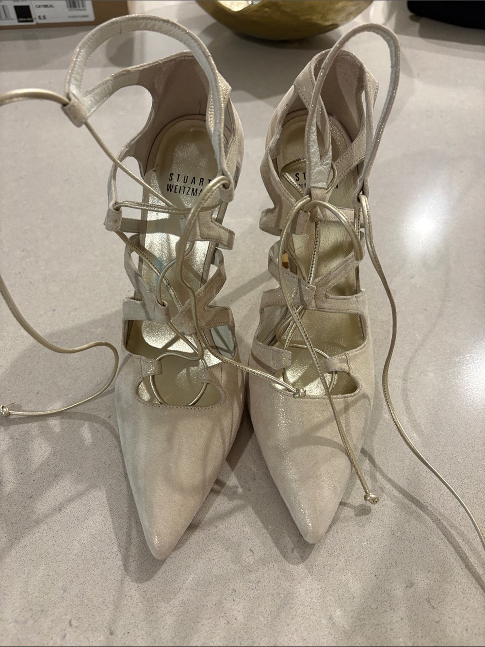 Stuart Weitzman gold/cream suede 4.5” heels 7 worn only once